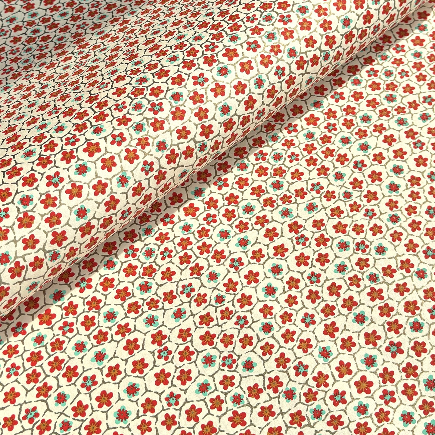 japanese silk-screen handmade paper, chiyogami, with red and aqua plum flowers repeat pattern