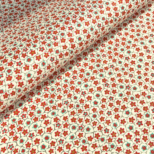 japanese silk-screen handmade paper, chiyogami, with red and aqua plum flowers repeat pattern