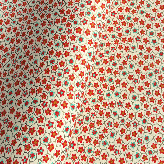 japanese silk-screen handmade paper, chiyogami, with red and aqua plum flowers repeat pattern