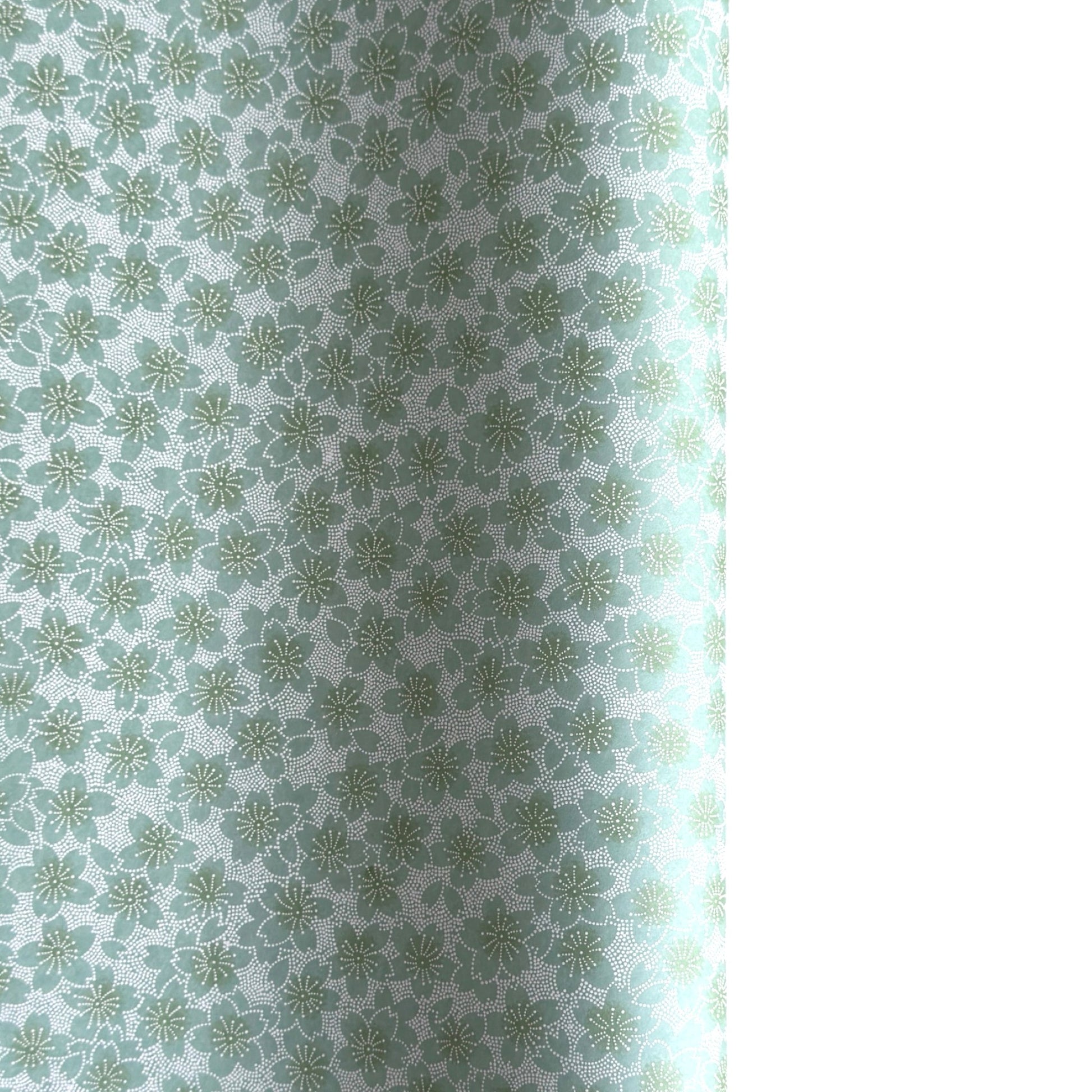 japanese silk-screen paper, chiyogami, with a cherry blossom flower repeat pattern in turquoise and white