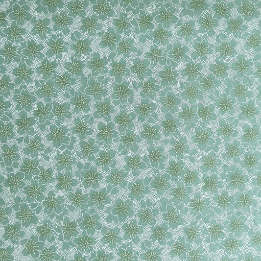 japanese silk-screen paper, chiyogami, with a cherry blossom flower repeat pattern in turquoise and white
