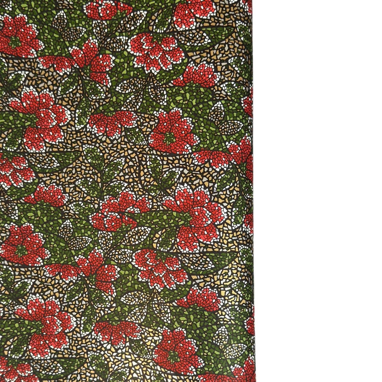 A close-up of a sheet of Japanese chiyogami paper with a repeating mosaic floral print. The design features red and flowers, green leaves on a black and gold mosaic background.