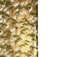 A close-up of a sheet of Japanese chiyogami paper with a repeating Japanese-style pattern featuring white cranes, green pine trees, and small red floral accents on a gold background.
