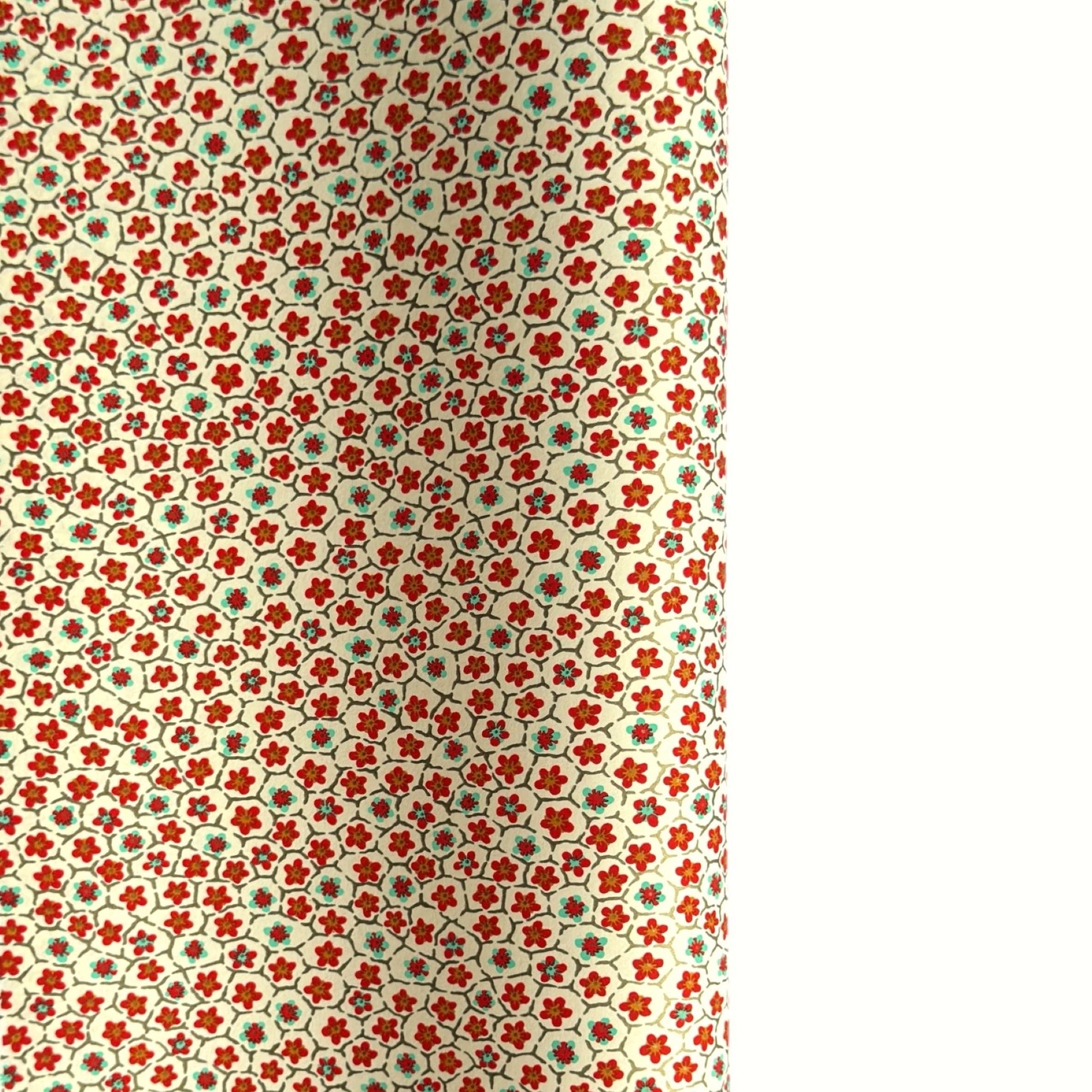 japanese silk-screen handmade paper, chiyogami, with red and aqua plum flowers repeat pattern