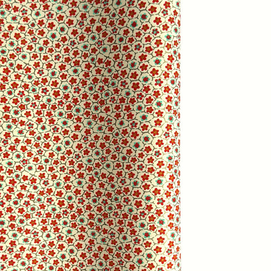 japanese silk-screen handmade paper, chiyogami, with red and aqua plum flowers repeat pattern