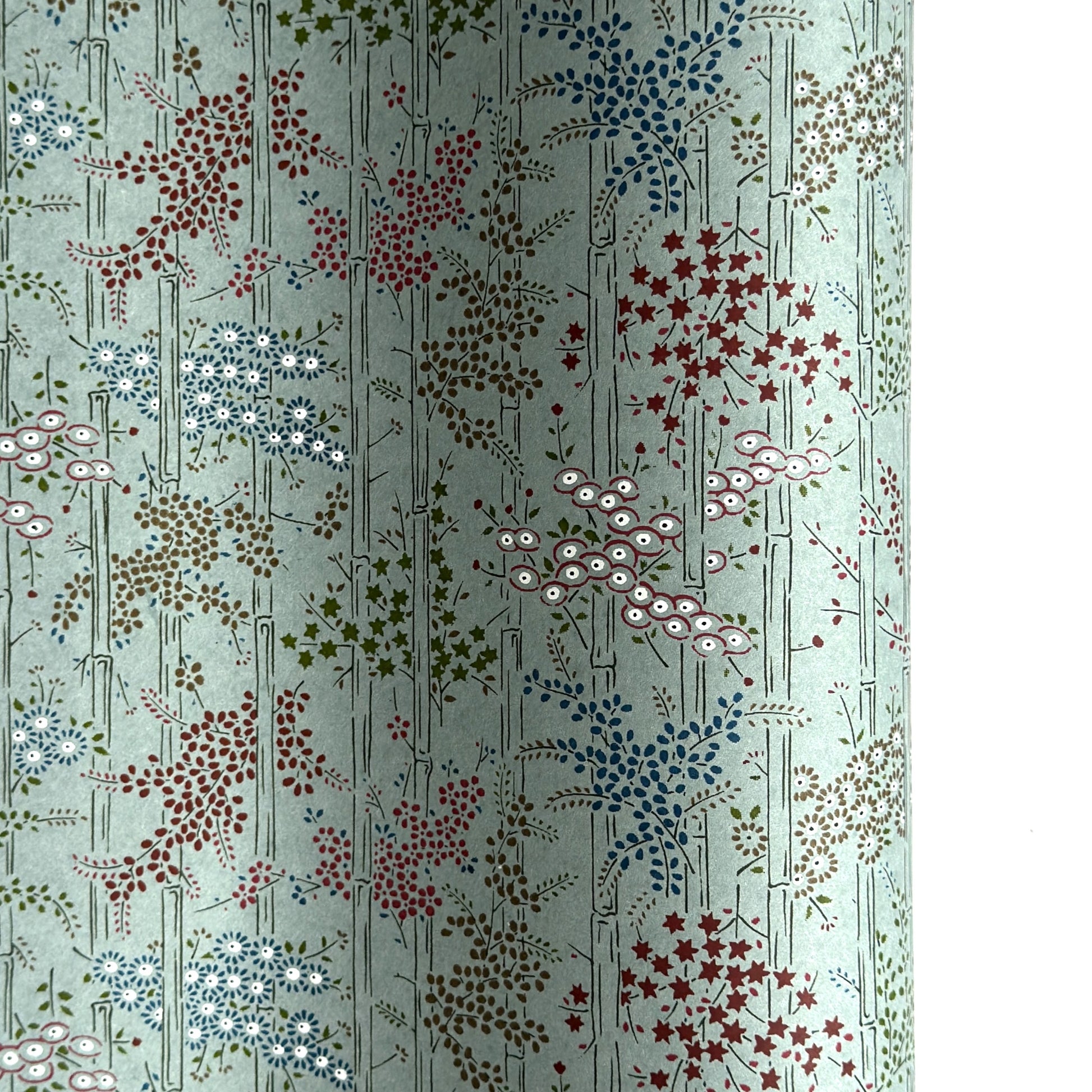 japanese silk-screen handmade paper showing pattern of bamboo, flowers and foliage on light teal backdrop