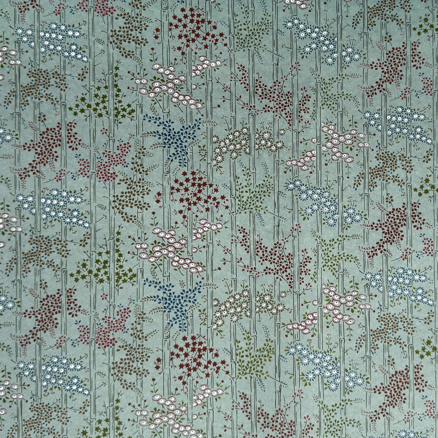 japanese silk-screen handmade paper showing pattern of bamboo, flowers and foliage on light teal backdrop