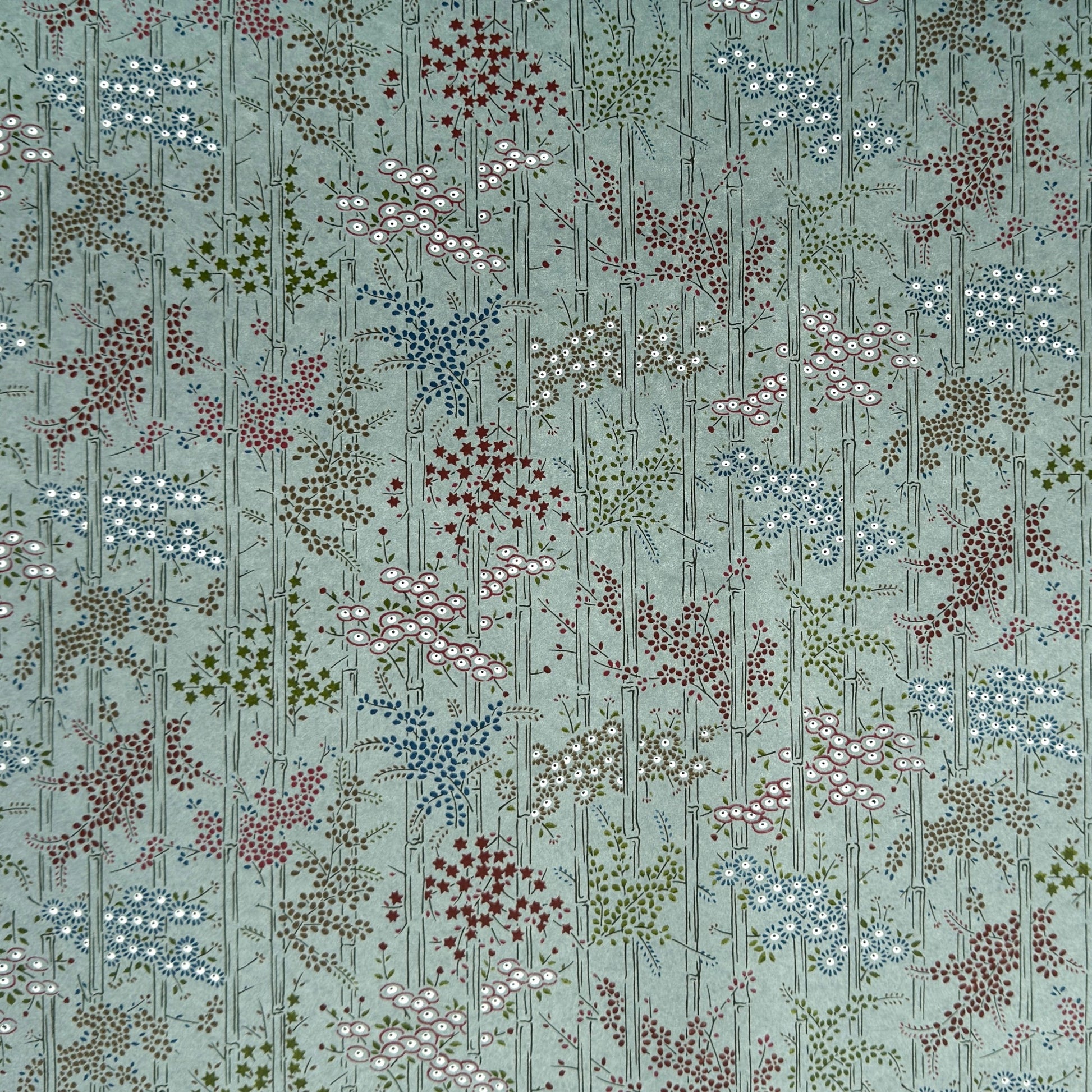 japanese silk-screen handmade paper showing pattern of bamboo, flowers and foliage on light teal backdrop