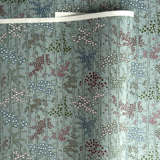 japanese silk-screen handmade paper showing pattern of bamboo, flowers and foliage on light teal backdrop
