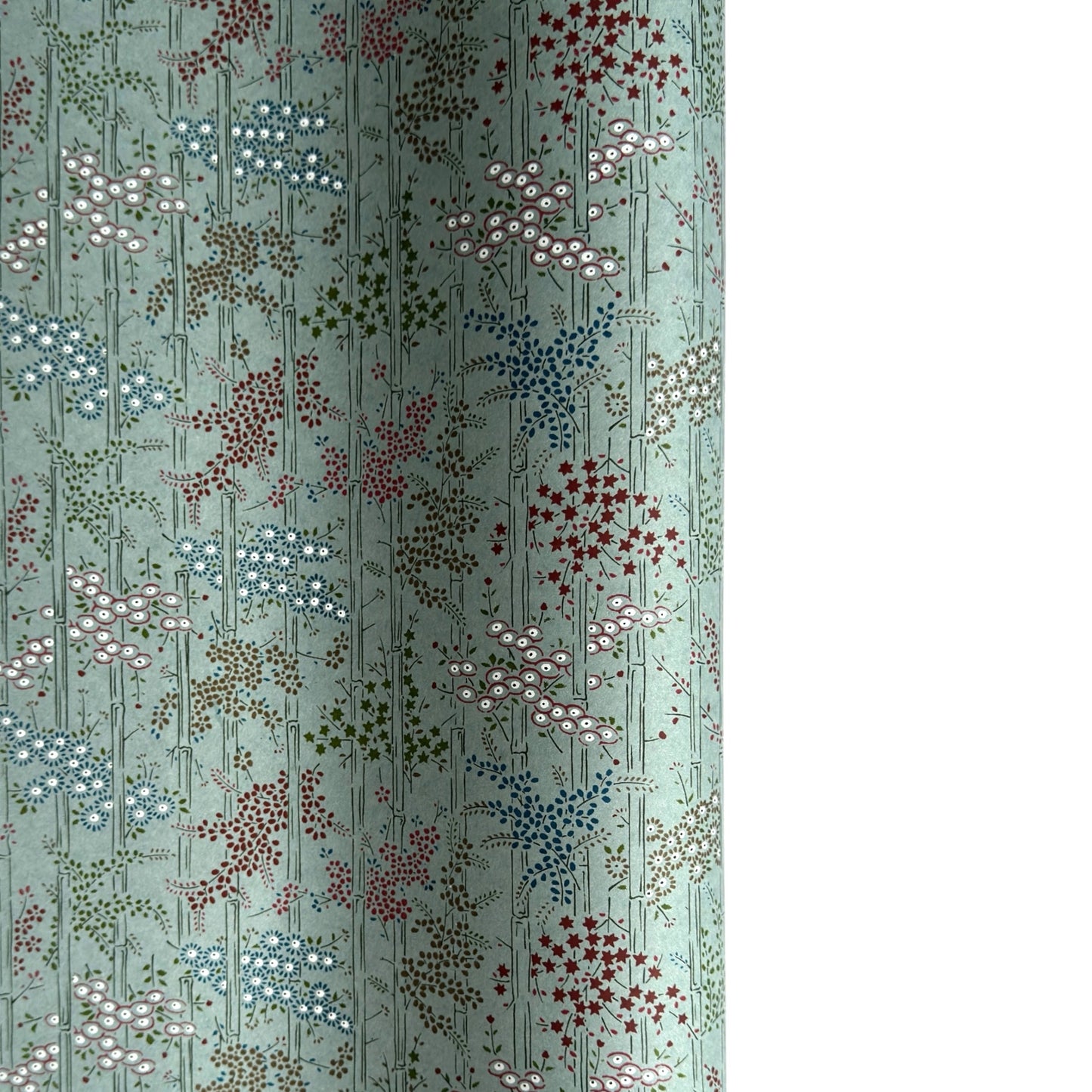 japanese silk-screen handmade paper showing pattern of bamboo, flowers and foliage on light teal backdrop