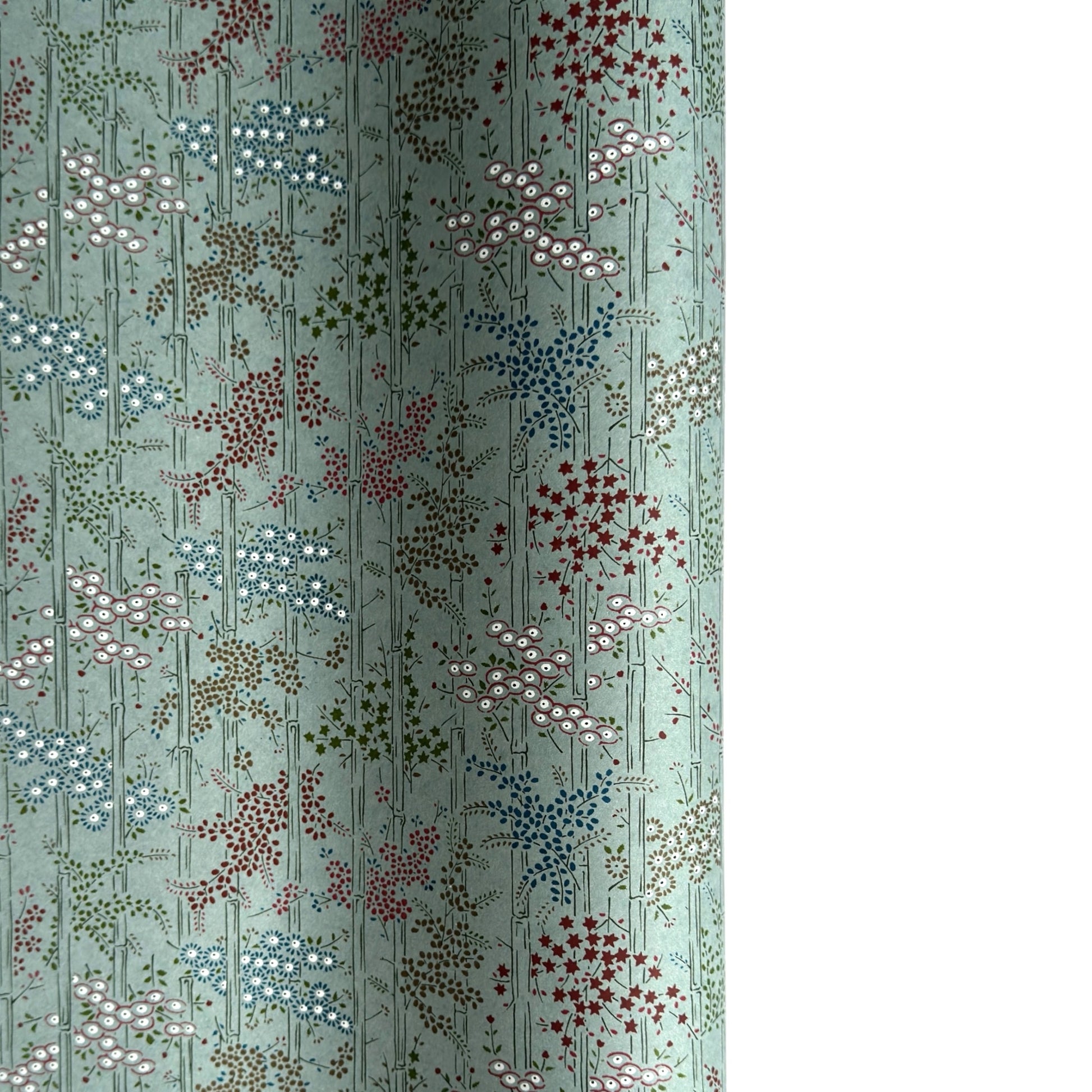 japanese silk-screen handmade paper showing pattern of bamboo, flowers and foliage on light teal backdrop