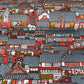 Japanese chiyogami paper (silkscreen printed) with a city landscape in grey, red and orange.