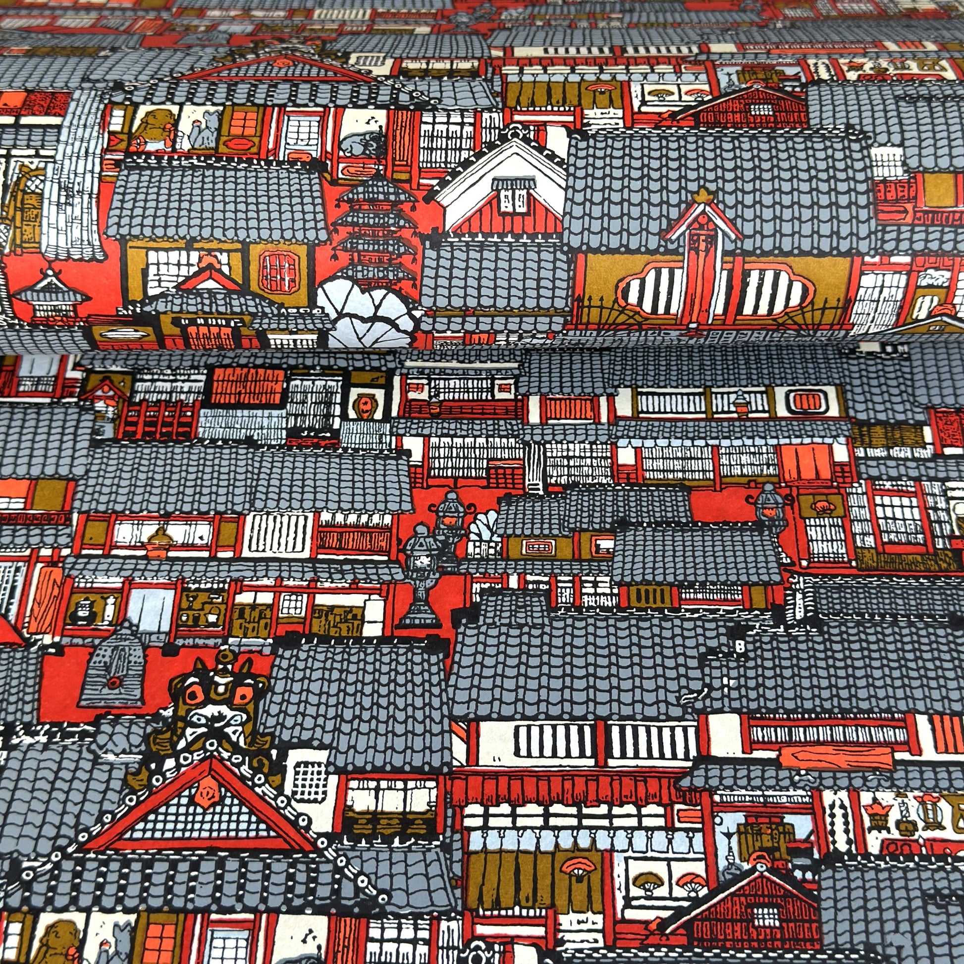 Japanese chiyogami paper (silkscreen printed) with a city landscape in grey, red and orange.