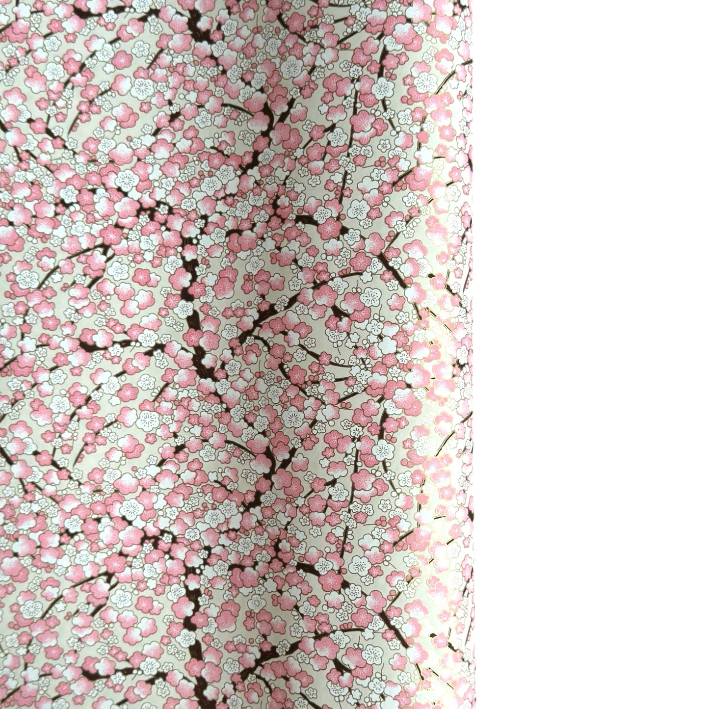 Japanese chiyogami paper with pale pink plum blossom, dark brown branches on an ivory background.