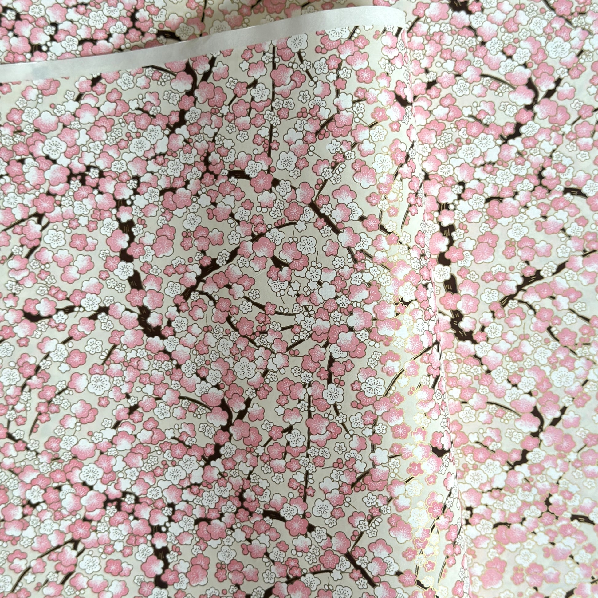 Japanese chiyogami paper with pale pink plum blossom, dark brown branches on an ivory background.