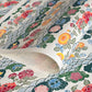 A colourful traditional pattern depicting stylised waves (seigaiha) with flowers and foliage in green, yellow, red and blue. A sheet of Japanese katazome paper.