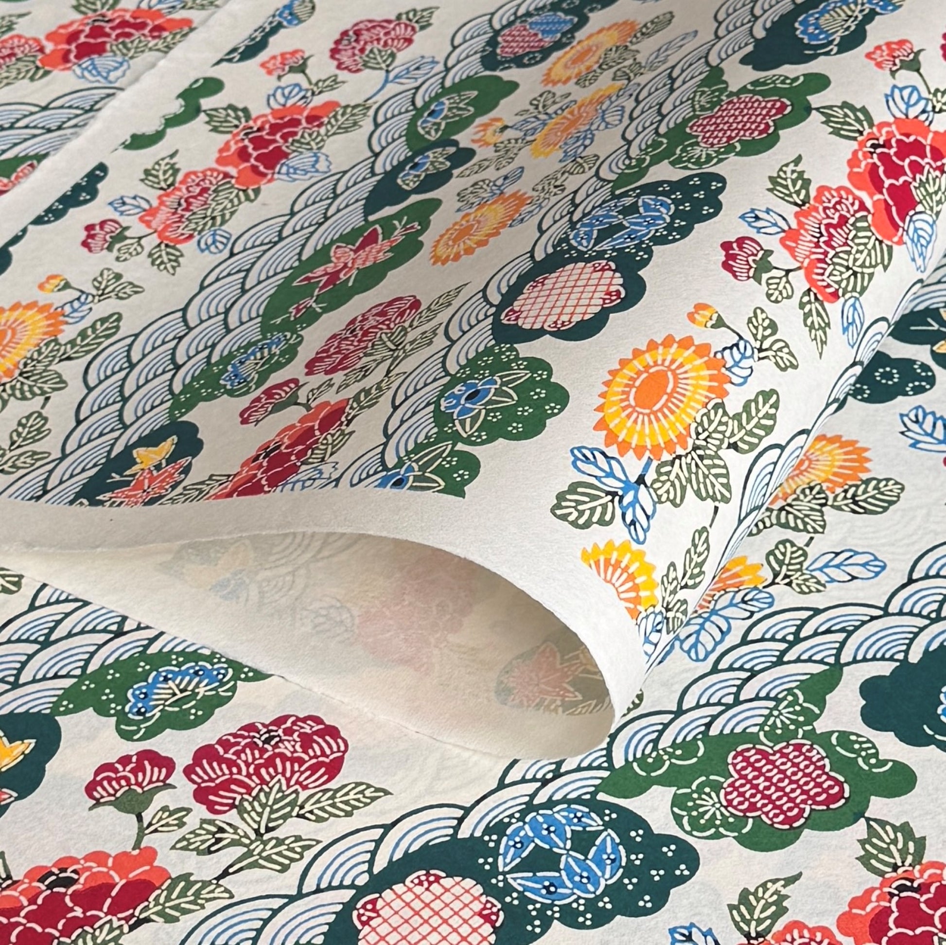 A colourful traditional pattern depicting stylised waves (seigaiha) with flowers and foliage in green, yellow, red and blue. A sheet of Japanese katazome paper.
