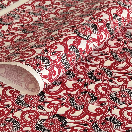 Pattern of berry red peonies (botan) on a sheet of Japanese katazome paper
