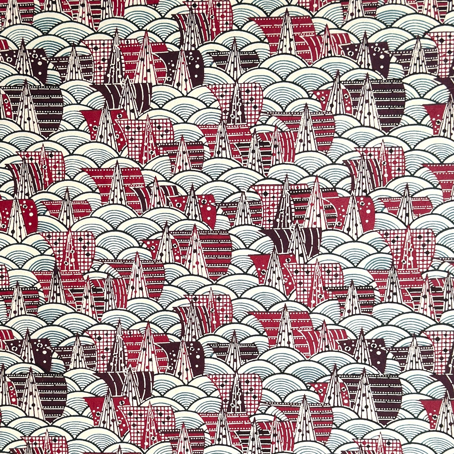 A Japanese skyline with with buildings and rivers.  Japanese katazome shi stencil-dyed paper