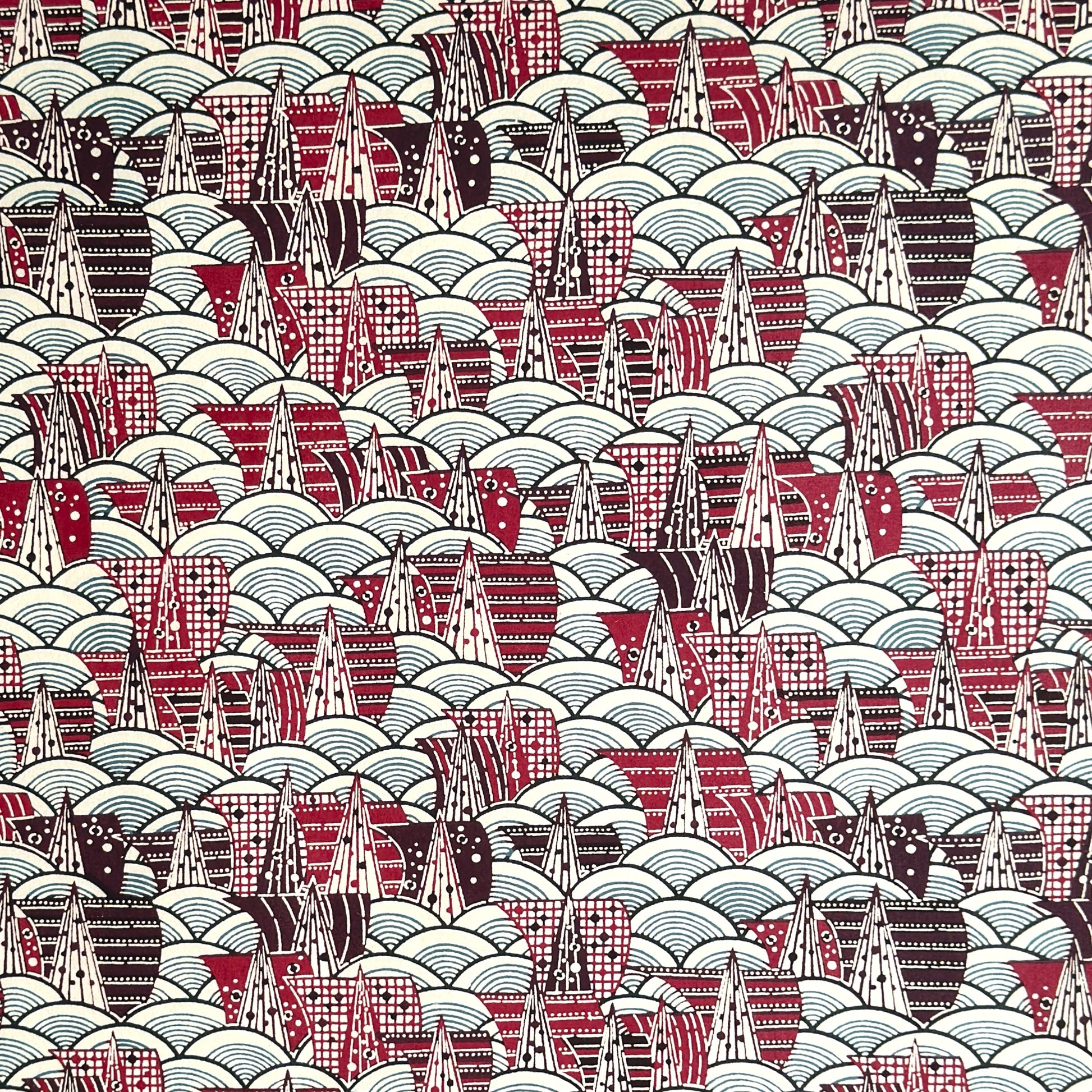 A Japanese skyline with with buildings and rivers.  Japanese katazome shi stencil-dyed paper