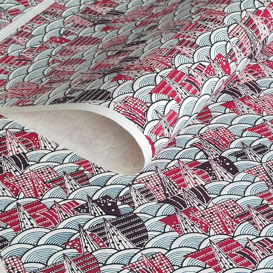 A Japanese skyline with with buildings and rivers.  Japanese katazome shi stencil-dyed paper