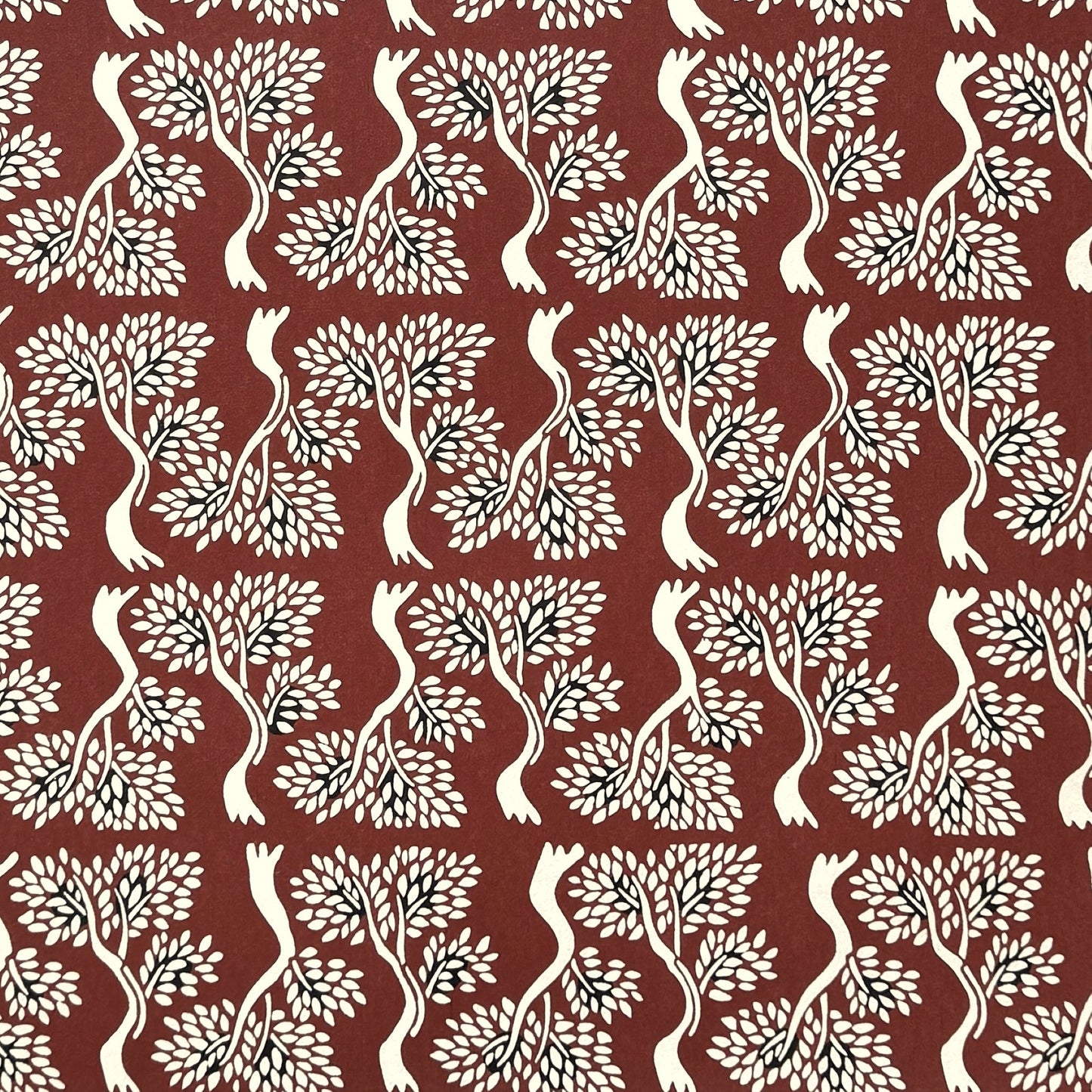 Large bonsai tree repeat motifs on brown. A sheet of Japanese katazome shi paper