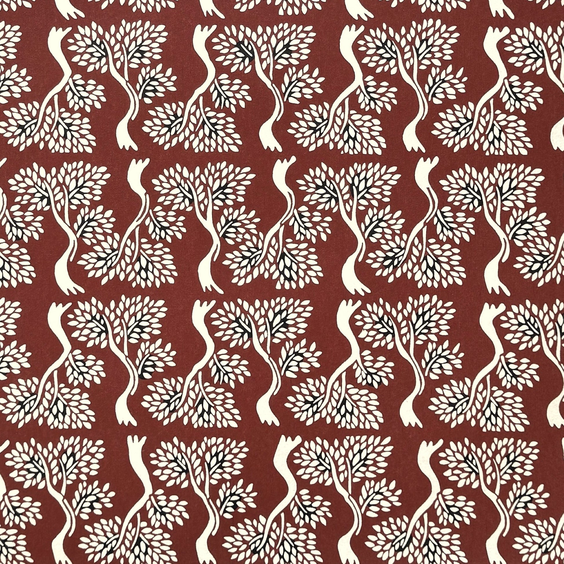 Large bonsai tree repeat motifs on brown. A sheet of Japanese katazome shi paper