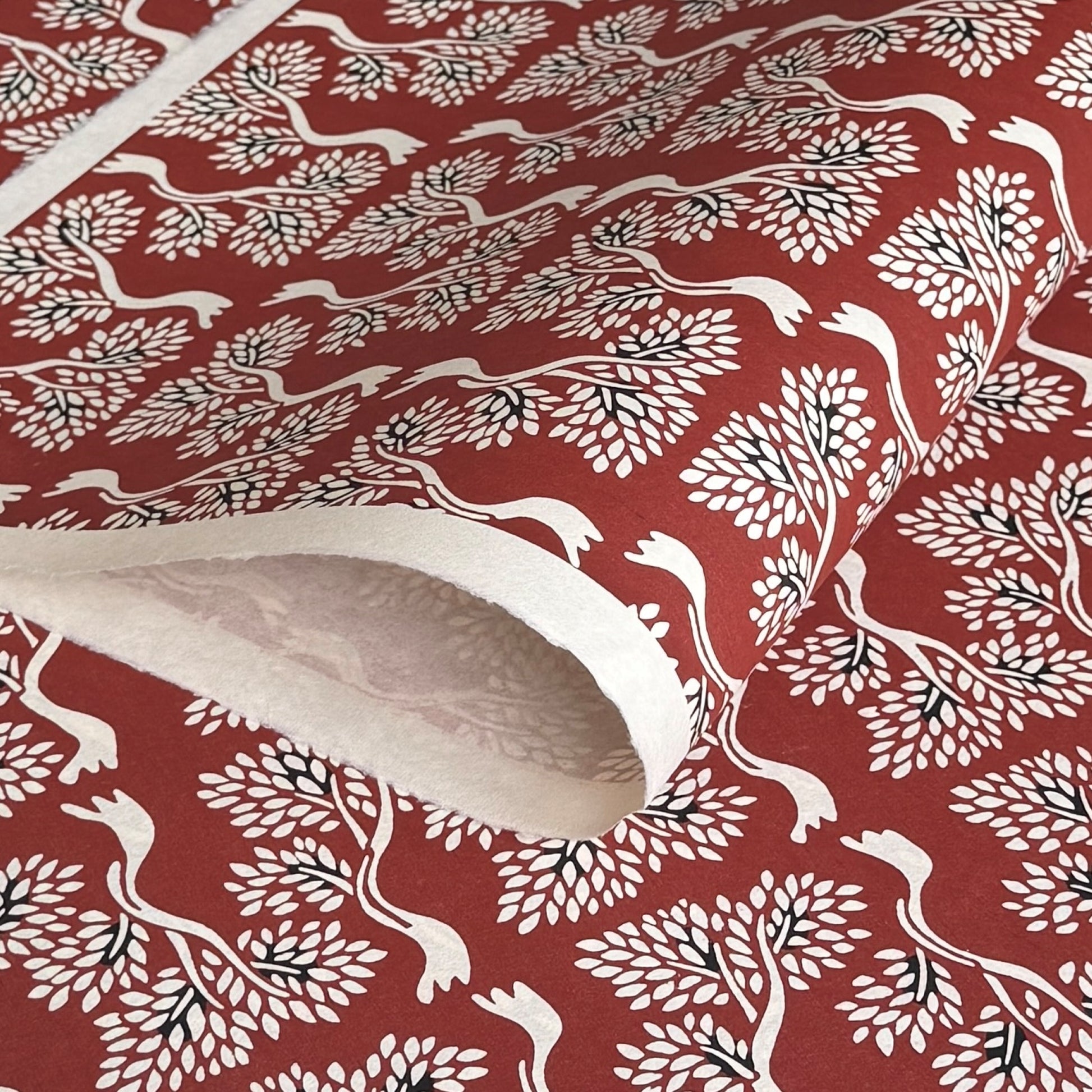Large bonsai tree repeat motifs on brown. A sheet of Japanese katazome shi paper