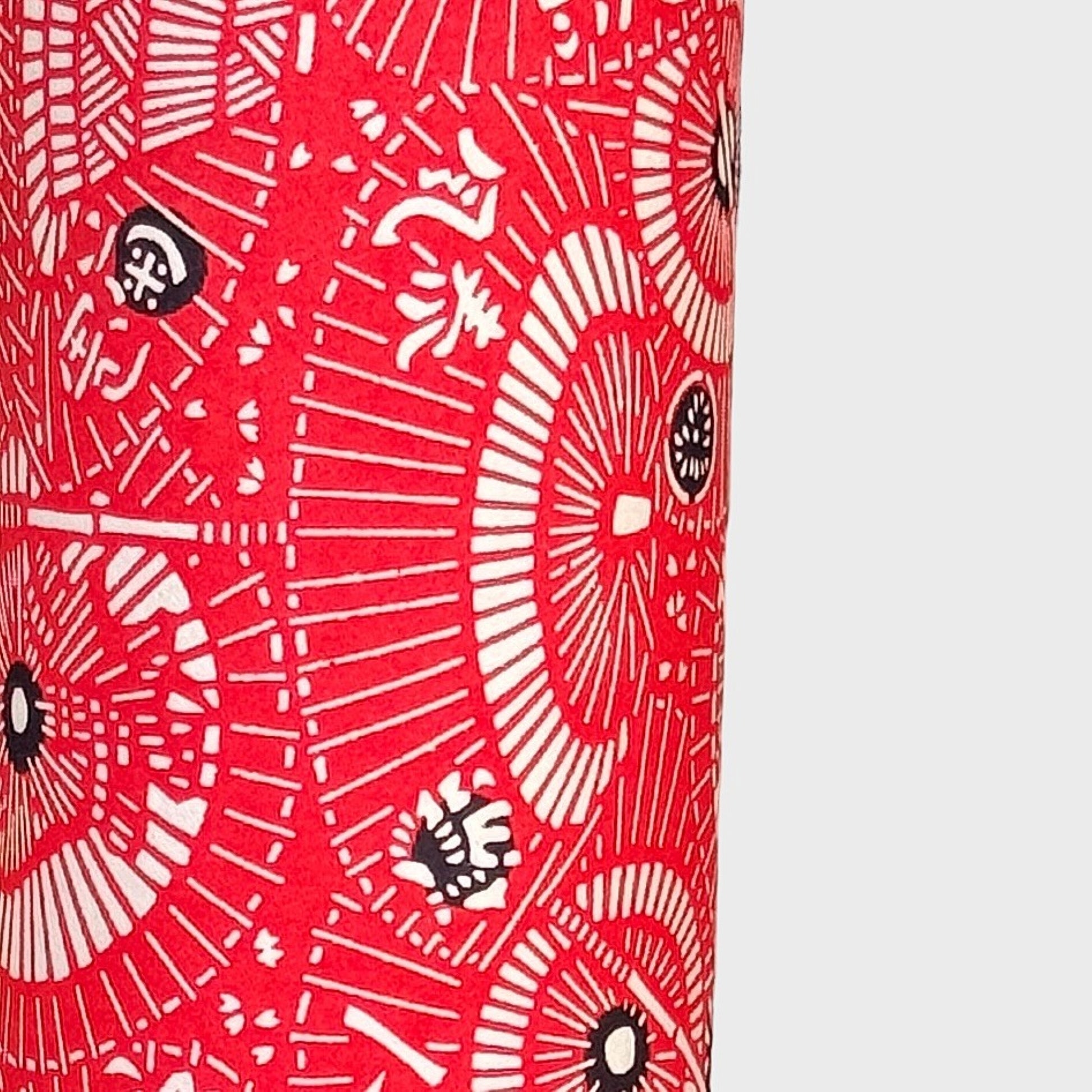 a sheet of Japanese katazome paper with a pattern of red and white umbrellas. Close up 