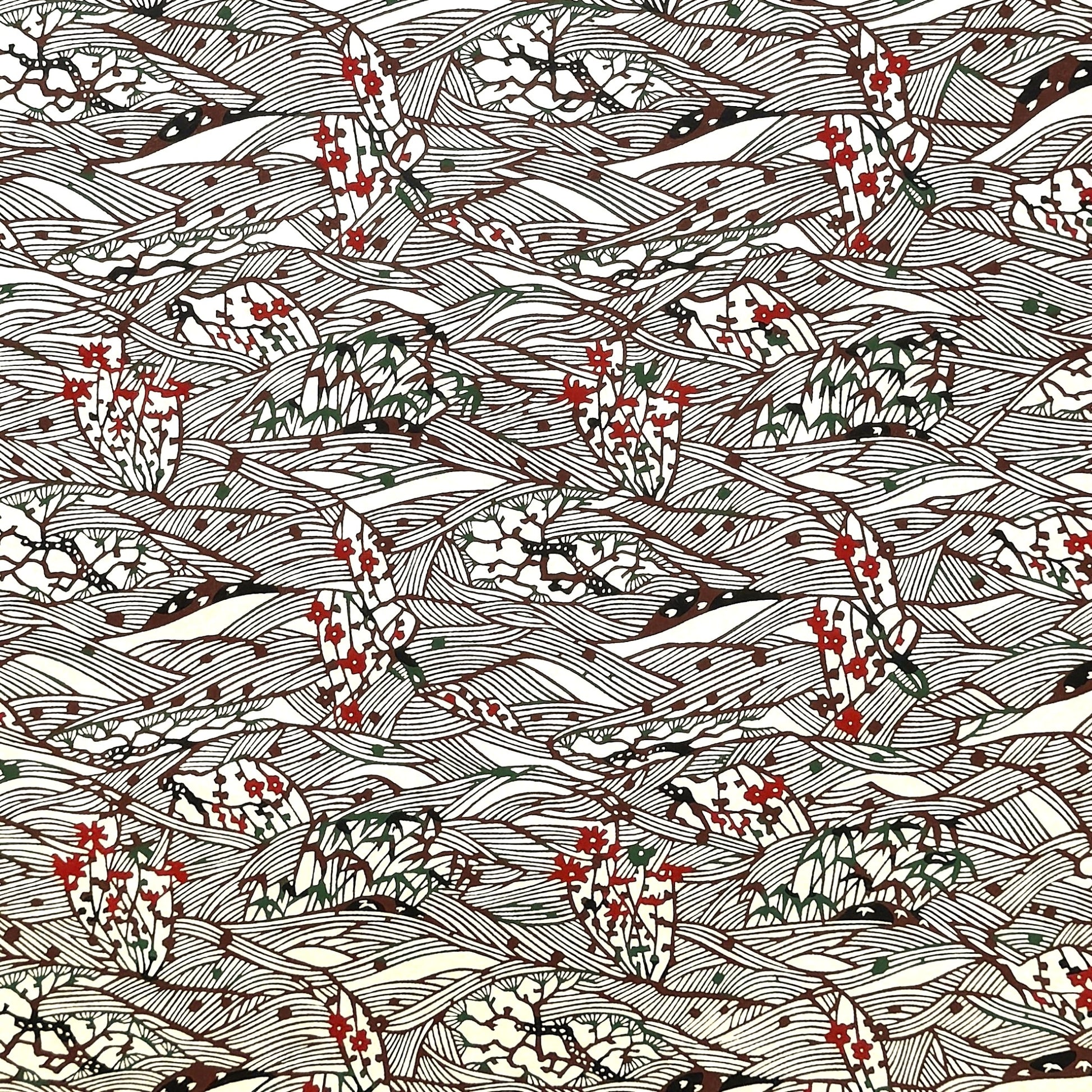 A botanical pattern with bamboo (take) and flowers in brown, red and green. A sheet of katazome paper.