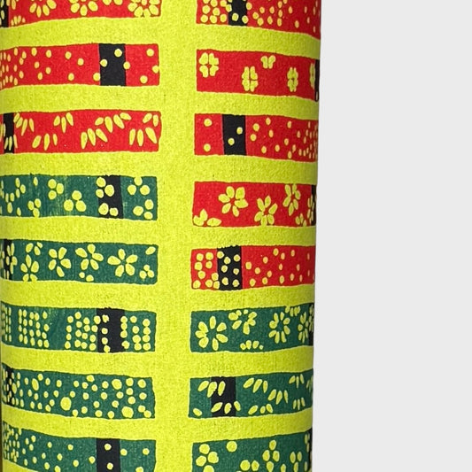 Floral patterned rectangles on vibrant lime green. A sheet of katazome paper. close up