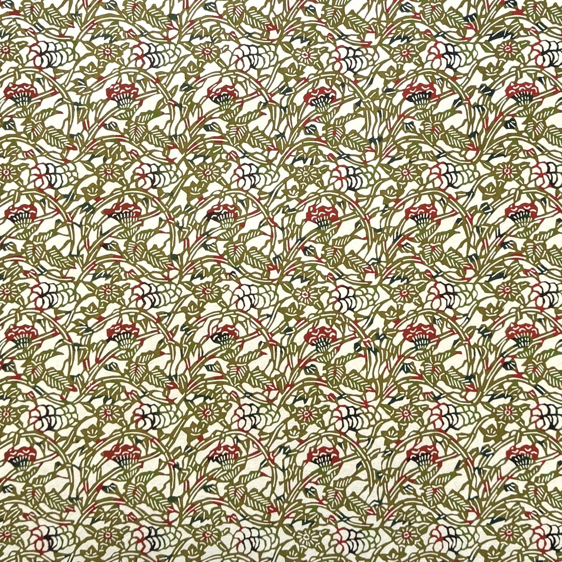 Small botanical pattern in olive green and red.  A sheet of Japanese katazome paper.