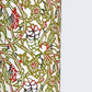 Small botanical pattern in olive green and red.  A sheet of Japanese katazome paper. Close up