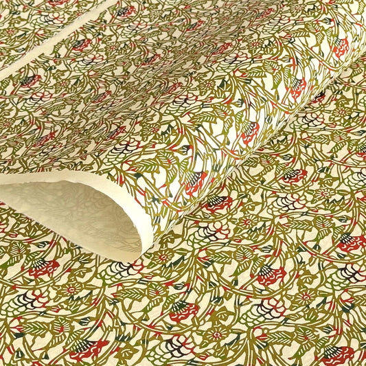 Small botanical pattern in olive green and red.  A sheet of Japanese katazome paper.