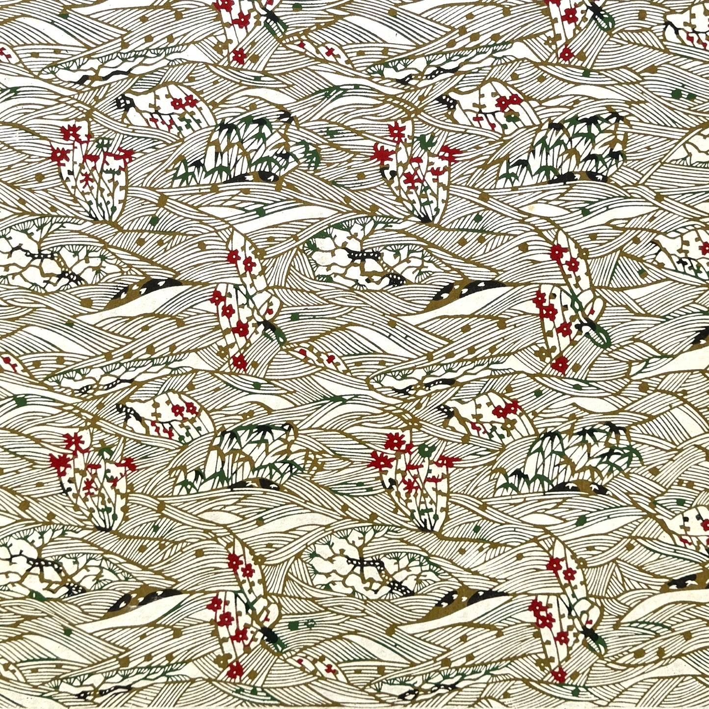 A sheet of Japanese katazome paper with a botanical pattern with bamboo (take) and flowers in a soft olive green and red.