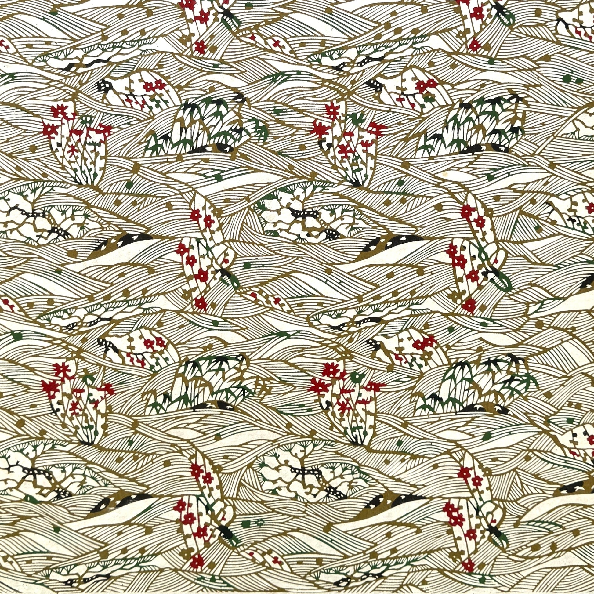 A sheet of Japanese katazome paper with a botanical pattern with bamboo (take) and flowers in a soft olive green and red.