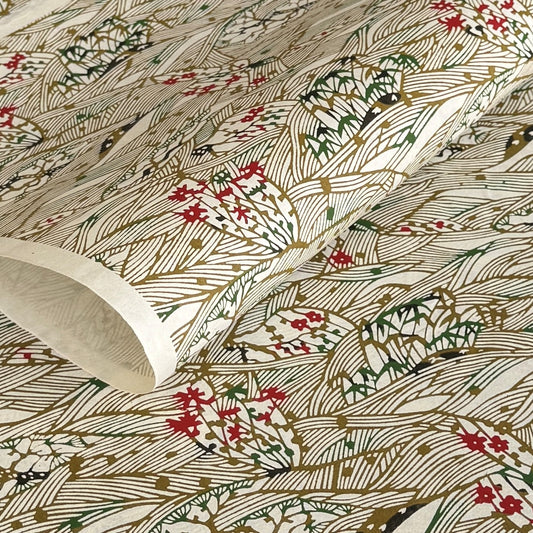 A sheet of Japanese katazome paper with a botanical pattern with bamboo (take) and flowers in a soft olive green and red.