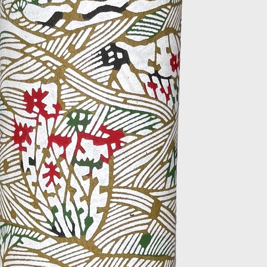 A sheet of Japanese katazome paper with a botanical pattern with bamboo (take) and flowers in a soft olive green and red.