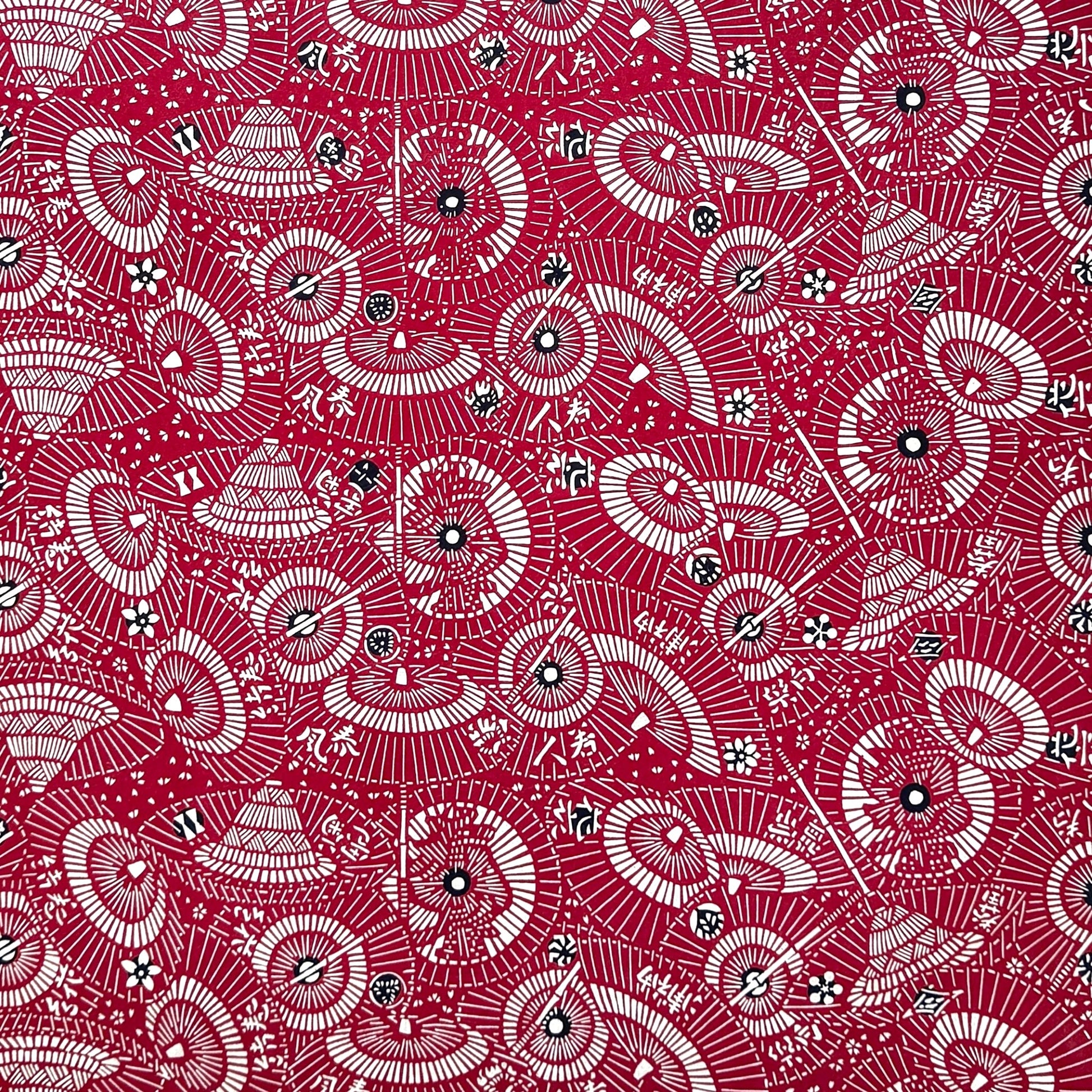 A repeat pattern of Japanese umbrellas (wagasa) in rich berry pink and white. A shhet of katazome paper