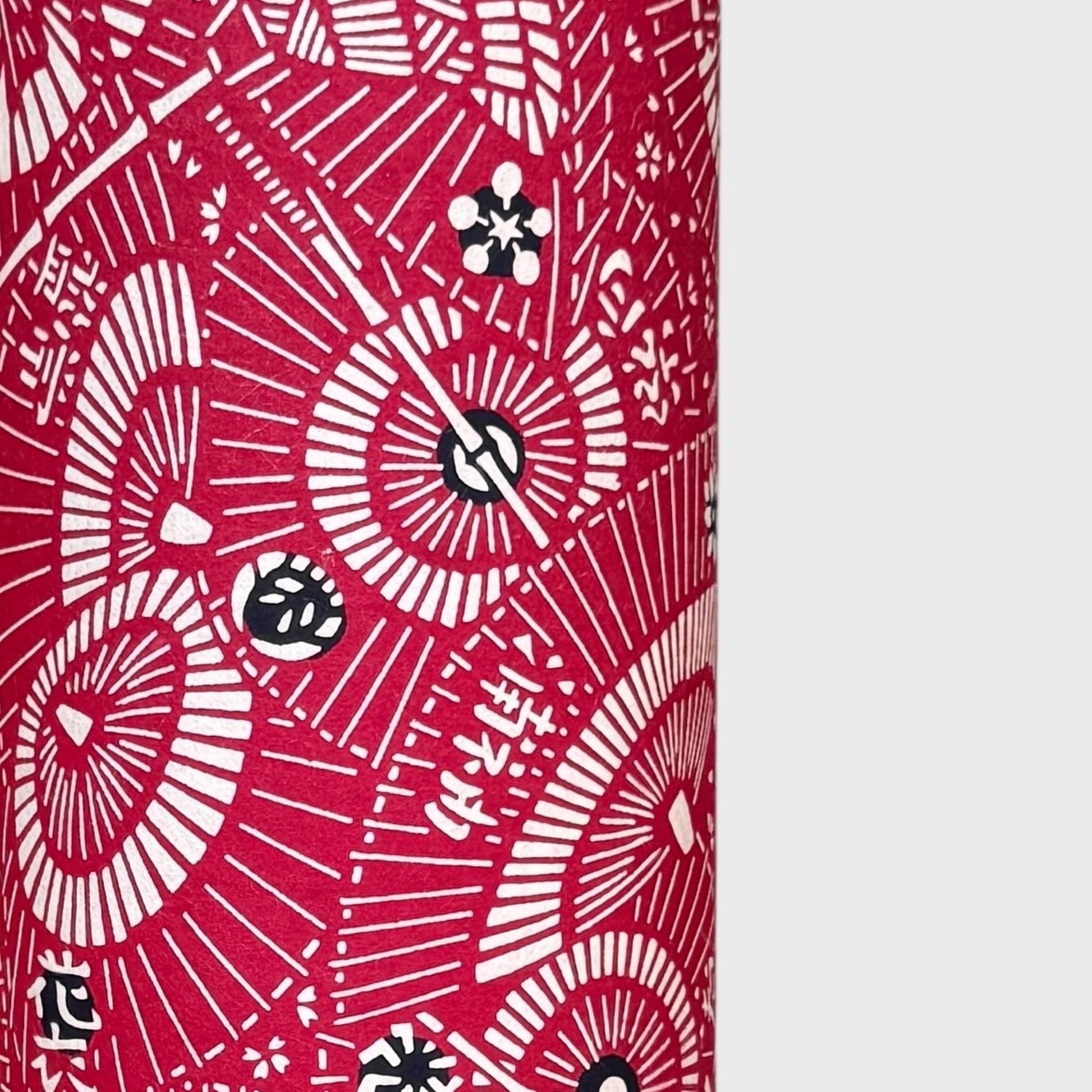 A repeat pattern of Japanese umbrellas (wagasa) in rich berry pink and white. A shhet of katazome paper. Close up
