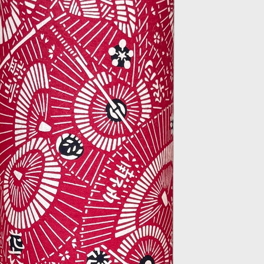 A repeat pattern of Japanese umbrellas (wagasa) in rich berry pink and white. A shhet of katazome paper. Close up