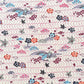 Pattern with cranes and flowers in soft pink, purple, blue and orange.  A sheet of katazome paper