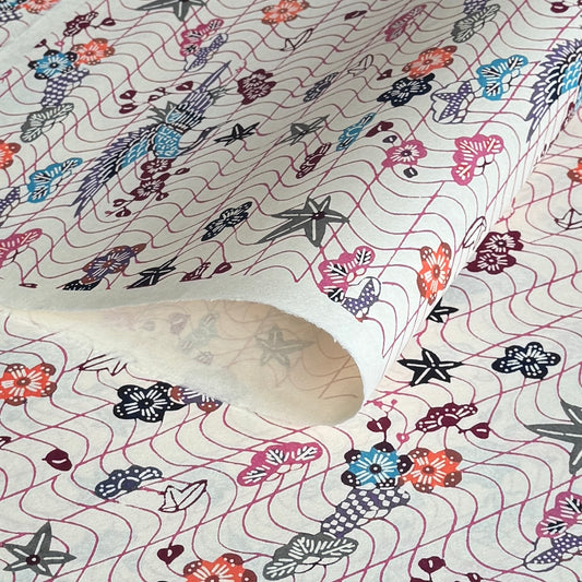 Pattern with cranes and flowers in soft pink, purple, blue and orange.  A sheet of katazome paper