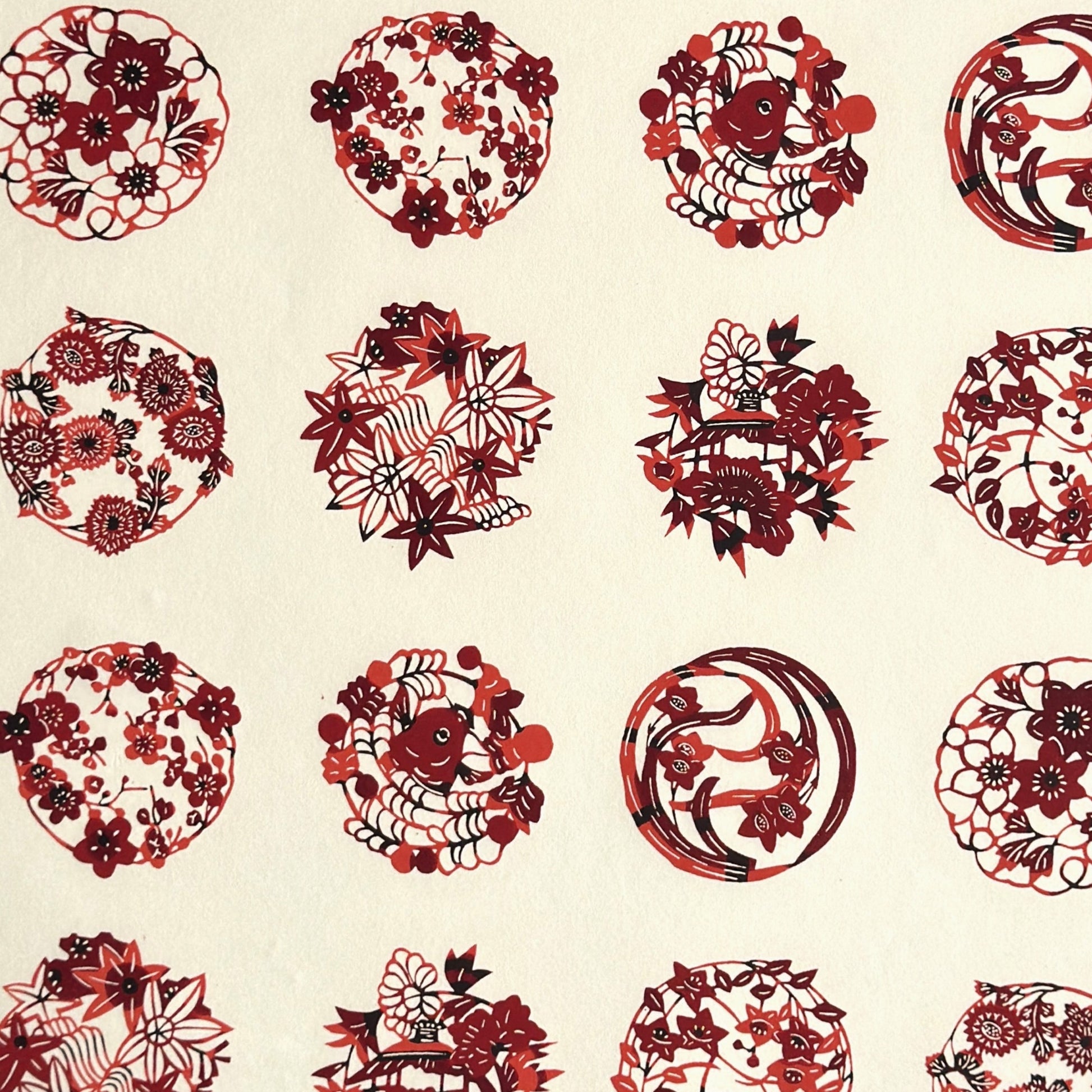 Inky rich red botanical motif circles (maru mon) on plain ivory Jpaanese katazome-shi paper