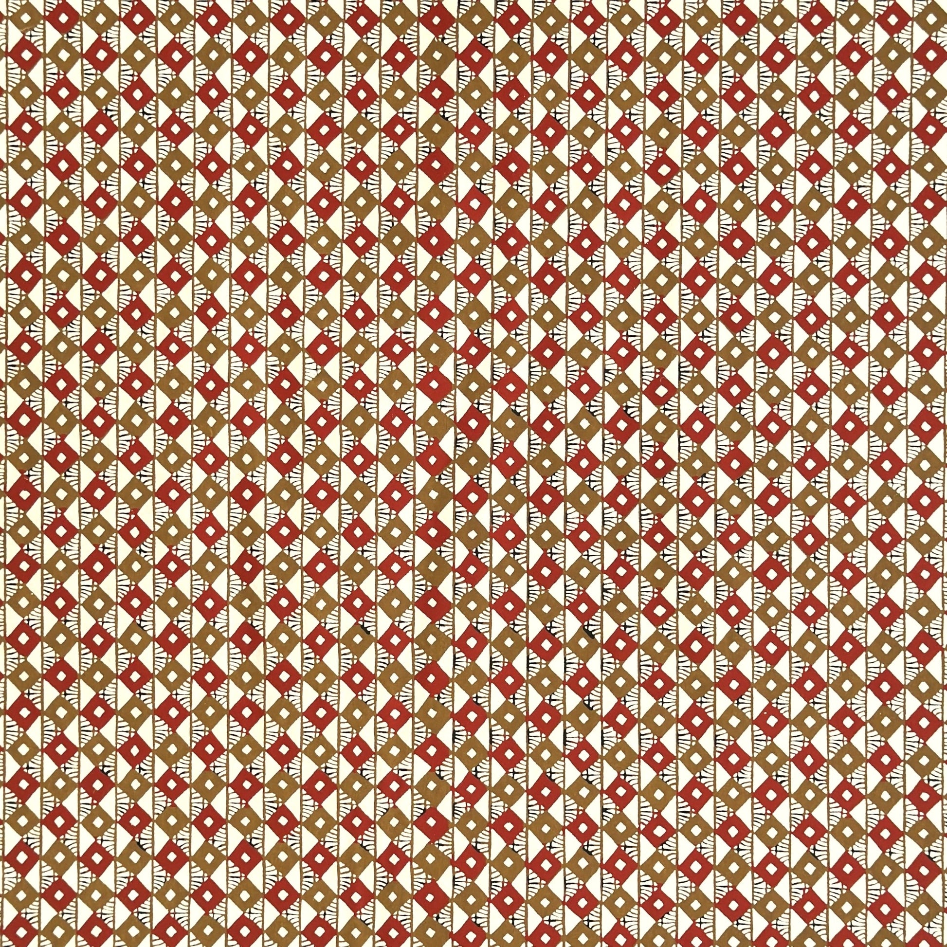 Geometric two-tone brown diamond (kuginuki tsunagi) repeat pattern on a sheet of Japanese katazome paper