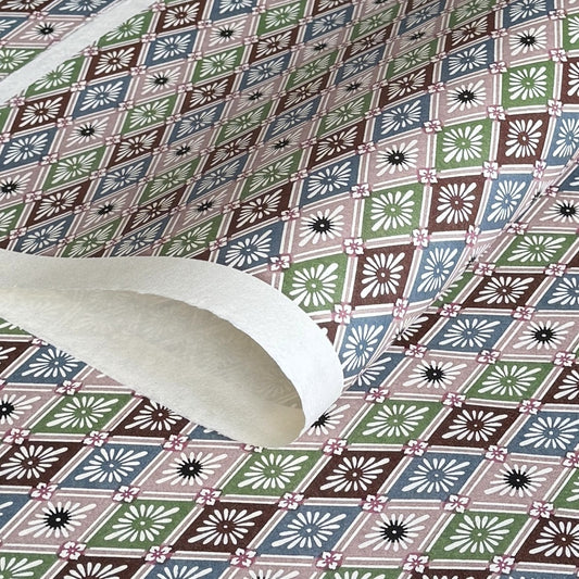 A Japanese stencil-dyed patterned paper with a repeat diamond floral pattern in blue, taupe, green and brown.