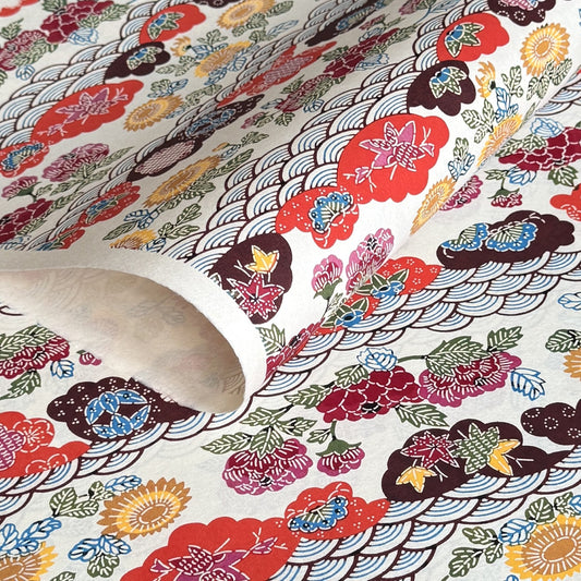 japanese stencil-dyed handmade paper with traditional botanical pattern in red, brown, yellow and blue