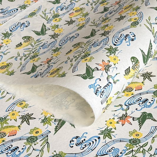japanese stencil-dyed handmade paper with birds and flowers pattern in green, blue and yellow