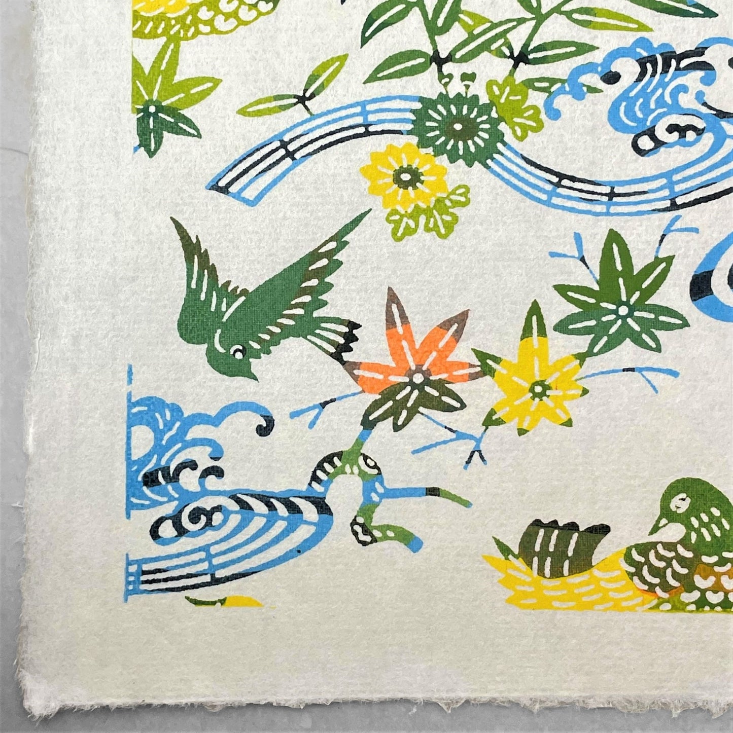japanese stencil-dyed handmade paper with birds and flowers pattern in green, blue and yellow