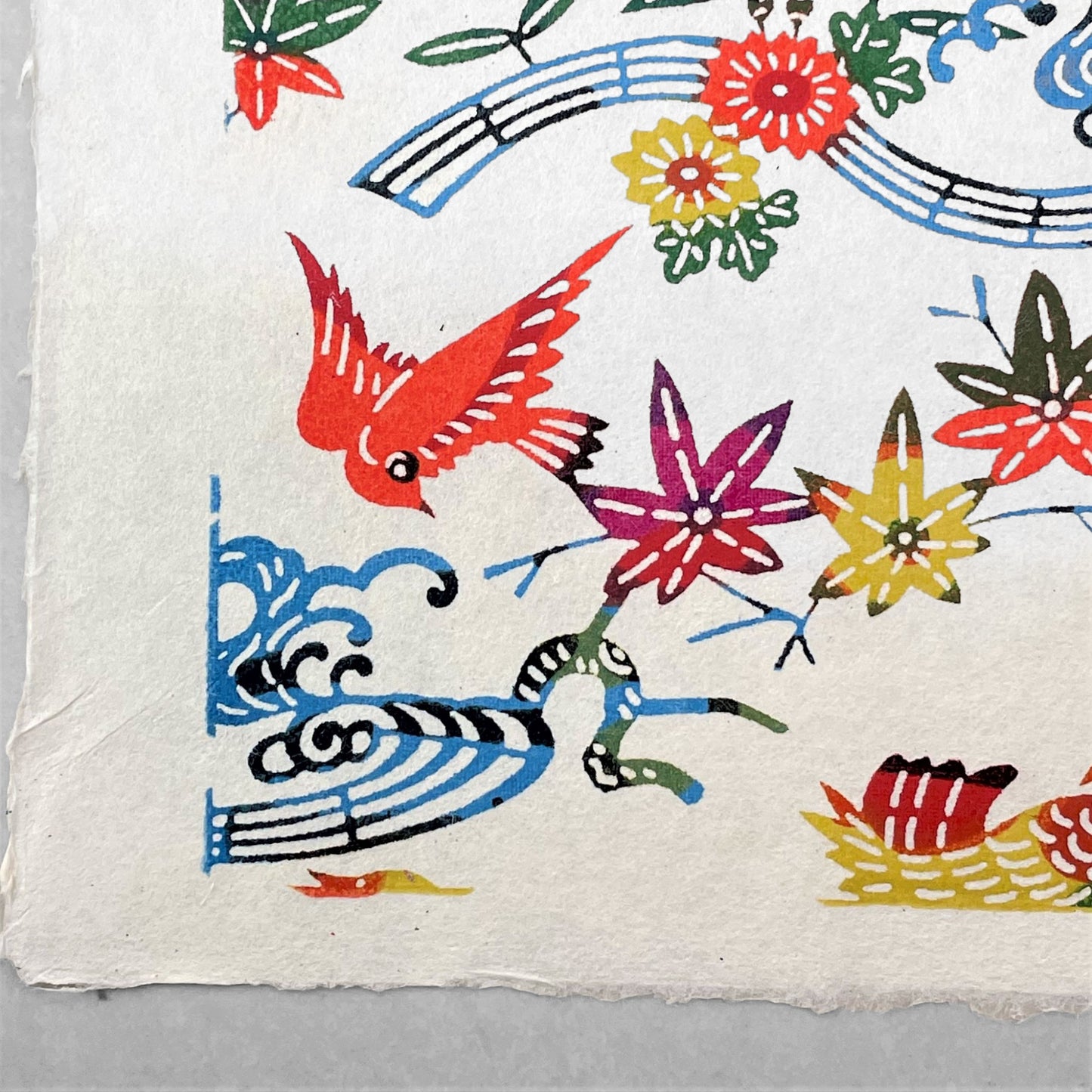 japanese stencil-dyed handmade paper with birds and flowers pattern in red, blue and yellow